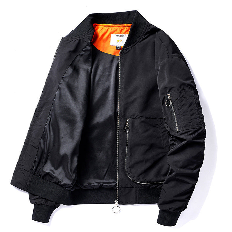 Men's Nylon Bomber Jacket in Aviator Style with Zipper Arm Pocket and Contrasting Lining Chichicherry