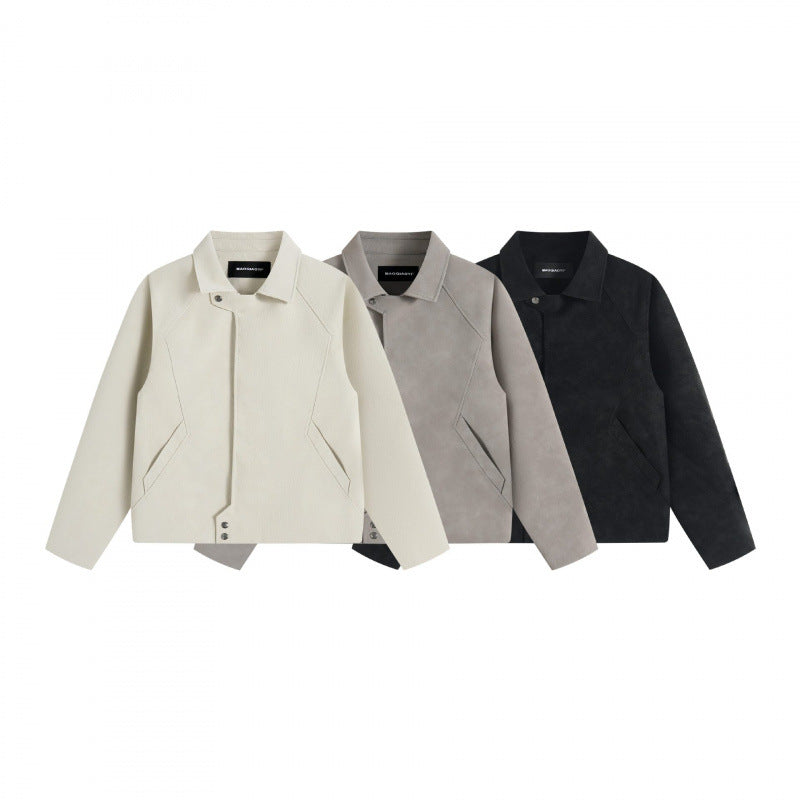 Unisex short jacket in minimalist suede look with concealed front placket and shirt collar Chichicherry