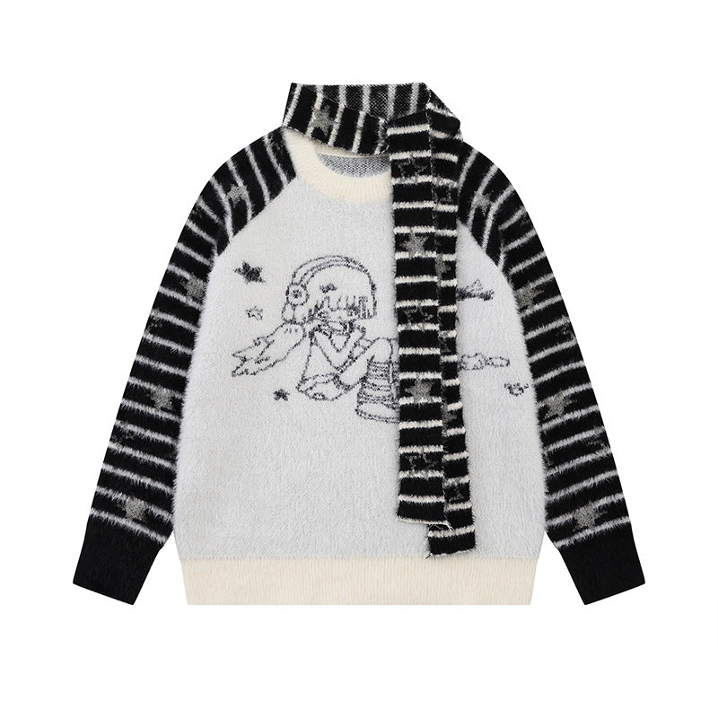 Women Soft Fluffy Knit Sweater with Integrated Tube Scarf and Manga Illustration Chichicherry
