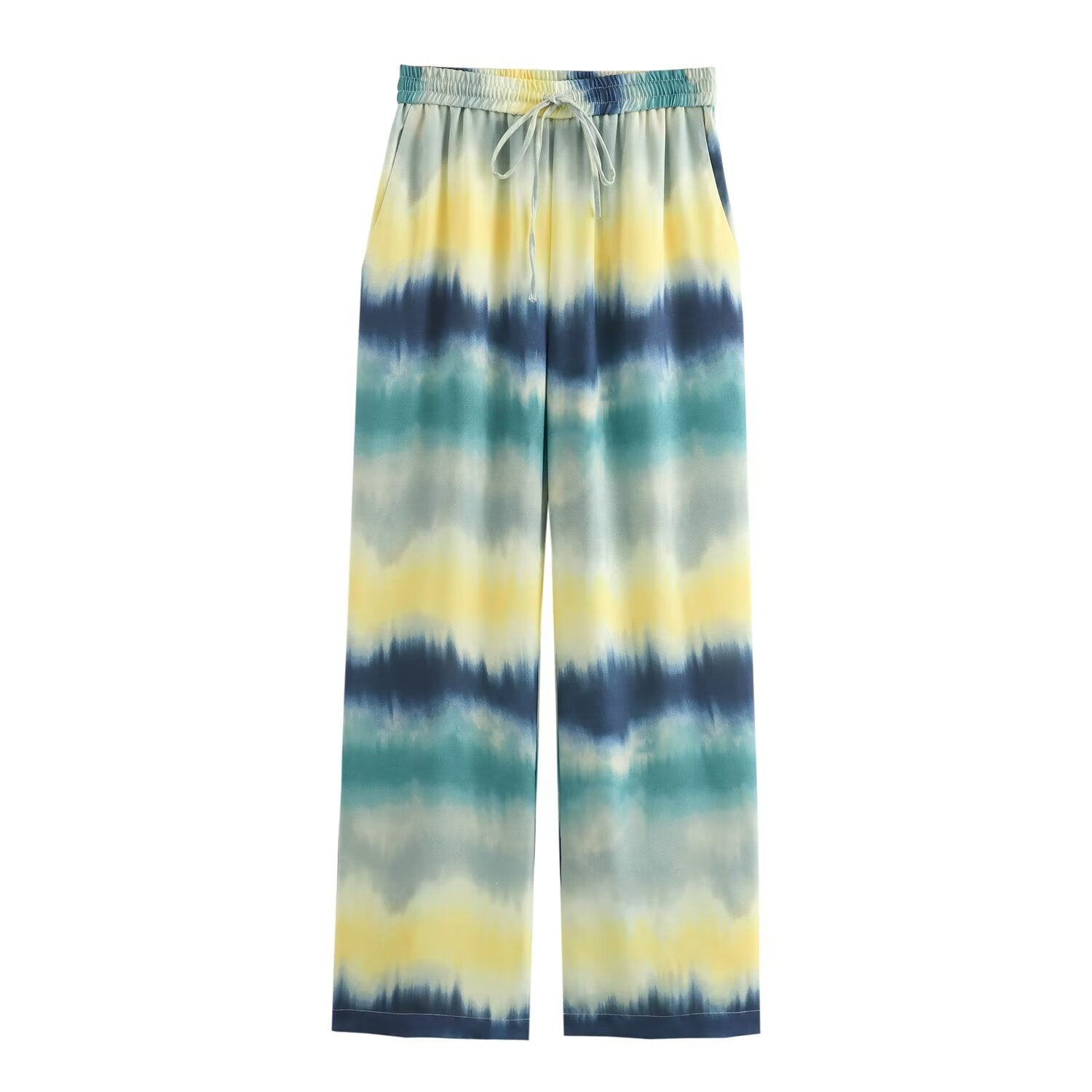 Women's Wide Palazzo Lounge Pants with Elastic Waistband, Drawstring and Watercolor Print Chichicherry