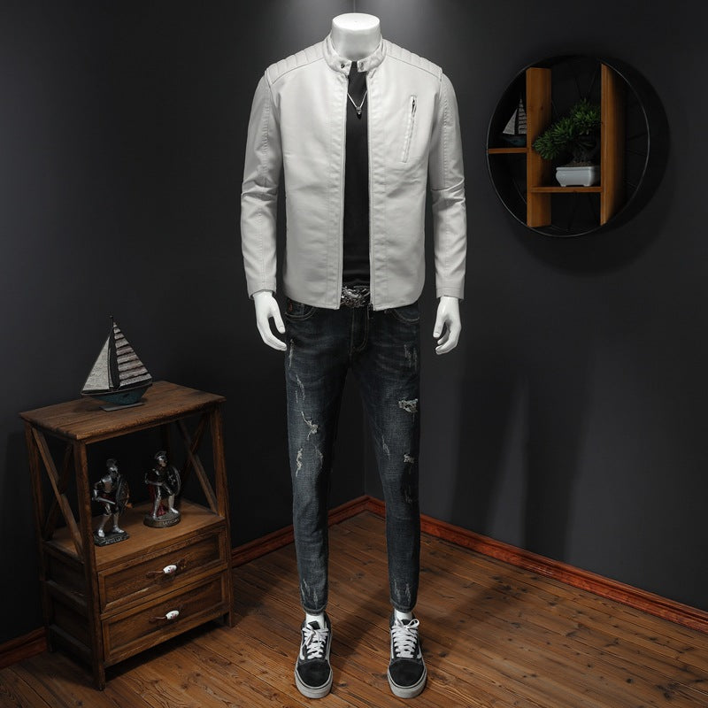 Men's Slim Leather Jacket in Biker Look with Stand-Up Collar and Vertical Chest Pocket Chichicherry