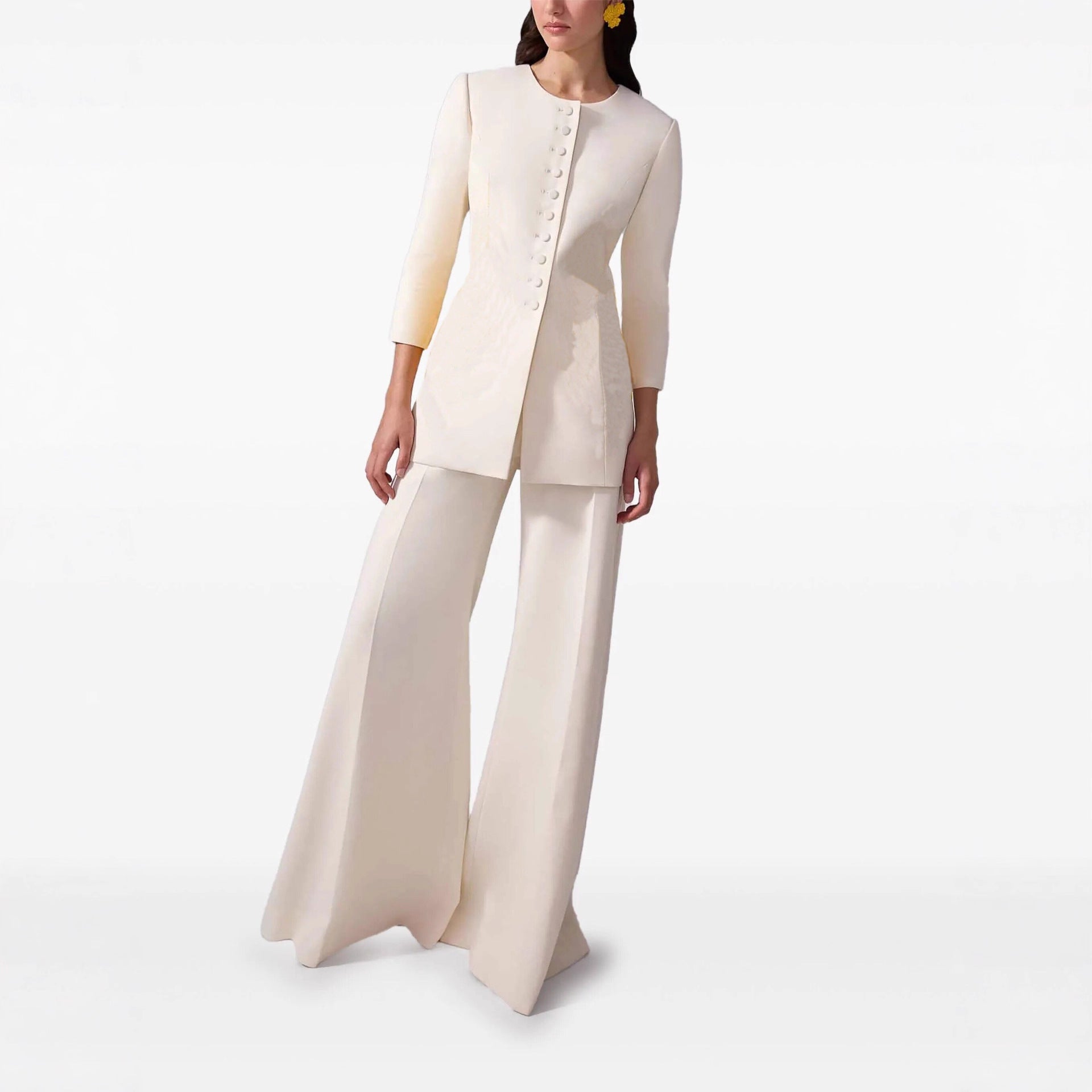 Ladies long blazer coat in tailoring with round neckline and concealed button placket Chichicherry