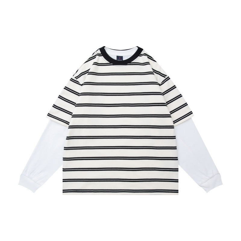 Unisex Layered Look Long Sleeve Shirt with Striped Oversized Top and Inserted Inner Sleeves Chichicherry