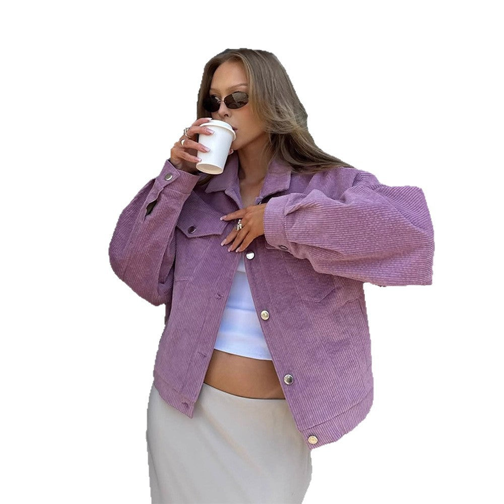Women’s Oversize Cord Jacket in Cropped Cut with Flap Pockets and Boxy Silhouette Chichicherry