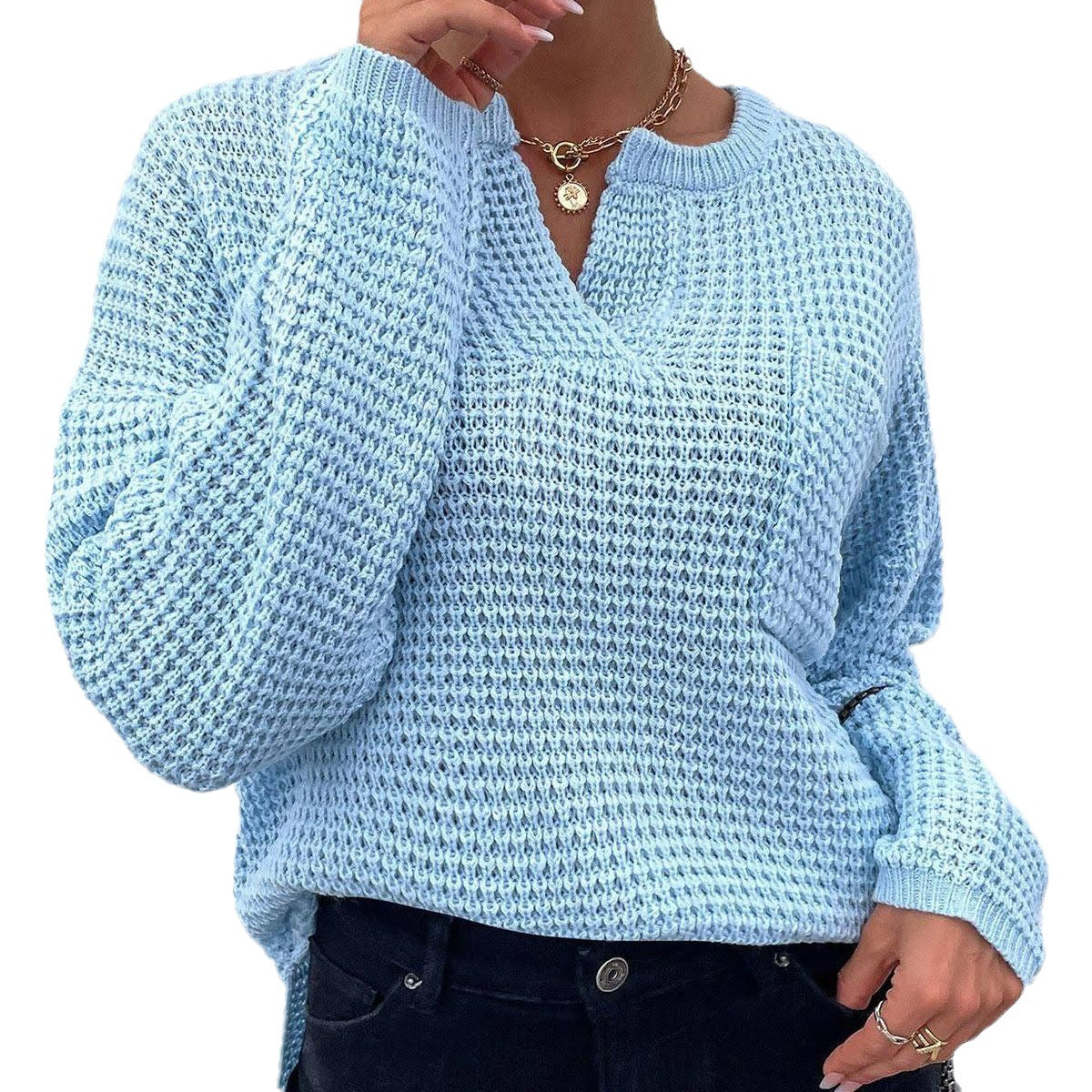 Women's Waffle Knit Sweater with V-Slit, Oversized Cut and Balloon Sleeves Chichicherry