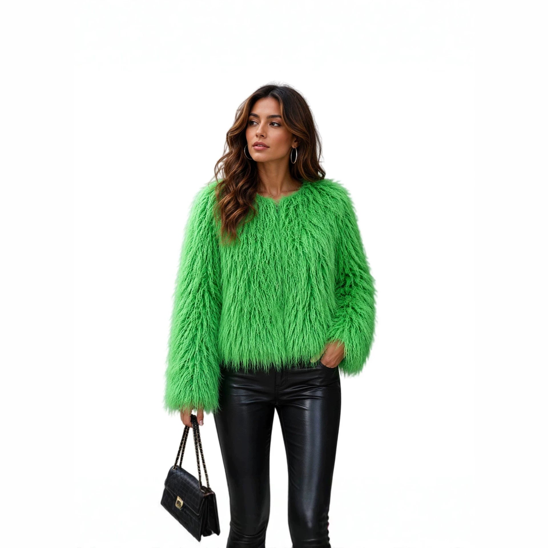 Women Short-Cut Shaggy Faux Fur Jacket with Round Neck, Extra Soft Long Hair and Casual Fit Chichicherry