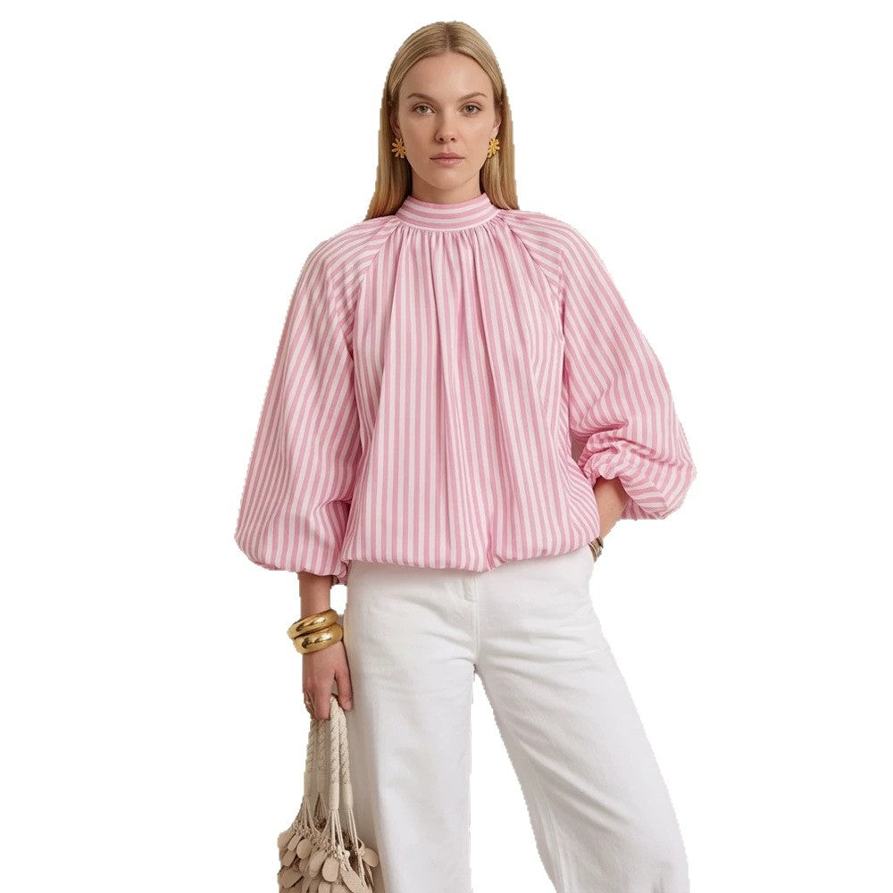 Women Backless Striped Blouse Top with Bow Collar Chichicherry
