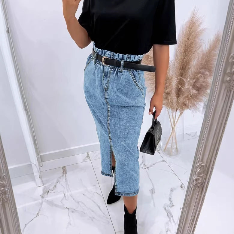 Women's High-Waisted Paperbag Denim Midi Skirt with Front Slit and Tied Belt Chichicherry
