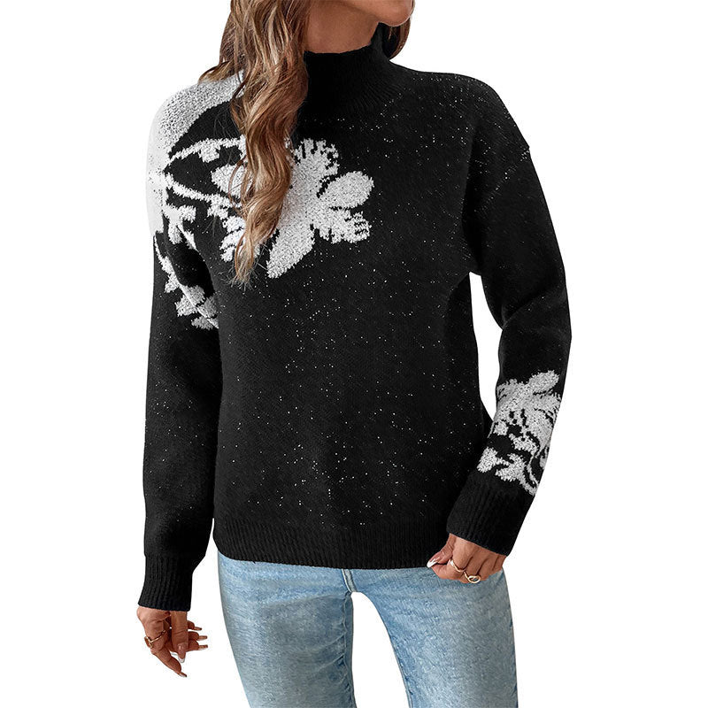 Women’s Floral Intarsia Knit Sweater with Stand-Up Collar and Loose Silhouette Chichicherry
