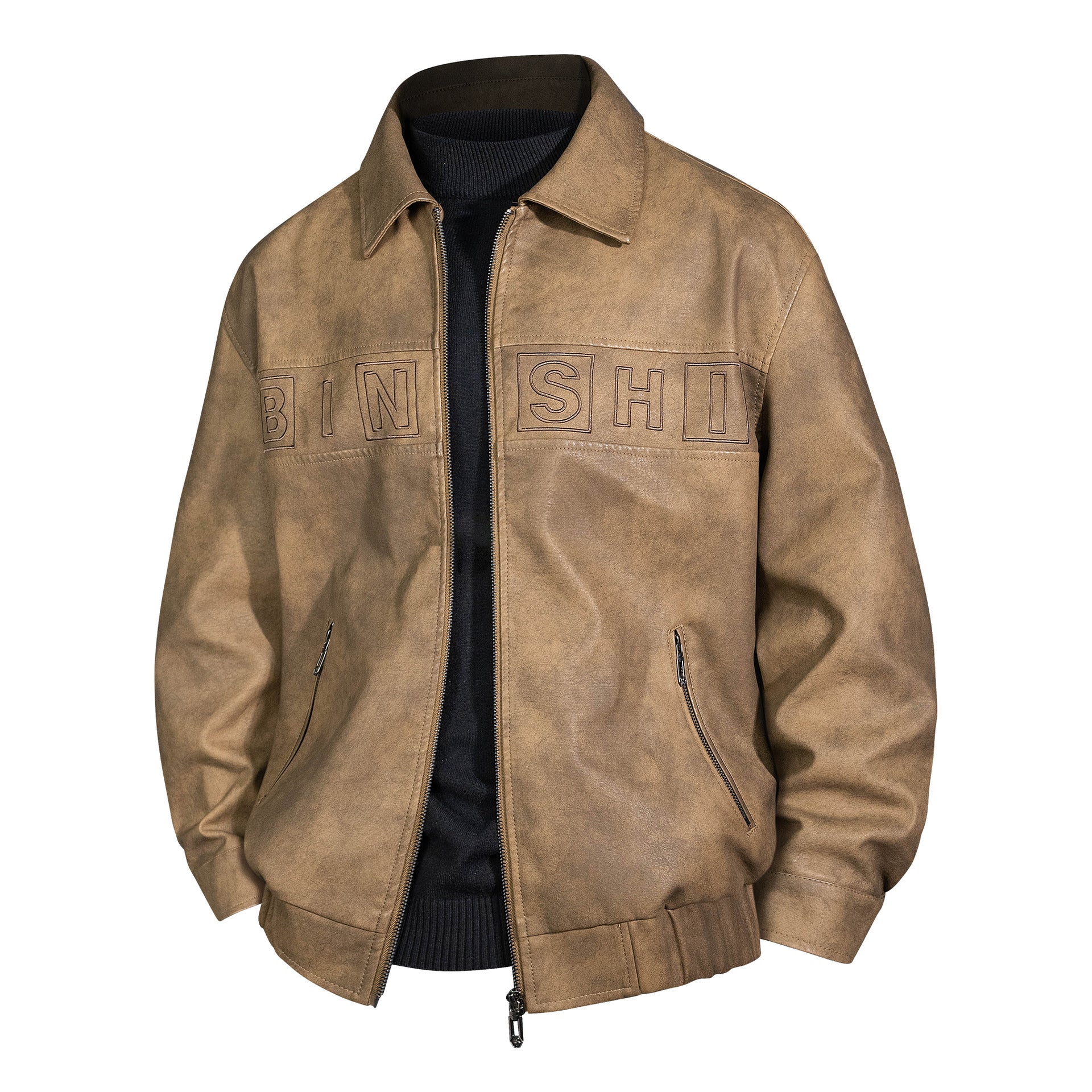 Men's Suede Look Bomber Jacket with Applied Logo and Zipper Chichicherry