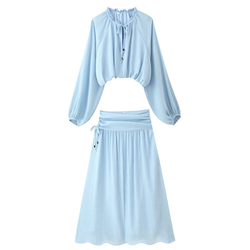 Women's Two-Piece Boho Set with Cropped Ruffle Blouse, Balloon Sleeves and High-Waisted Maxi Skirt Chichicherry