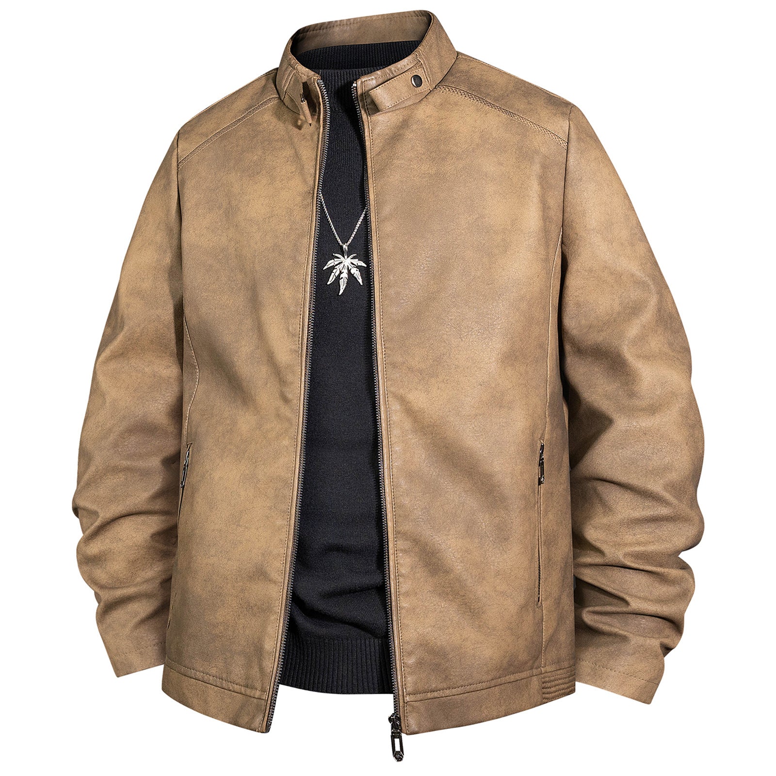Men's Vintage Leather Look Bomber Jacket with Stand-up Collar and Zipper Chichicherry
