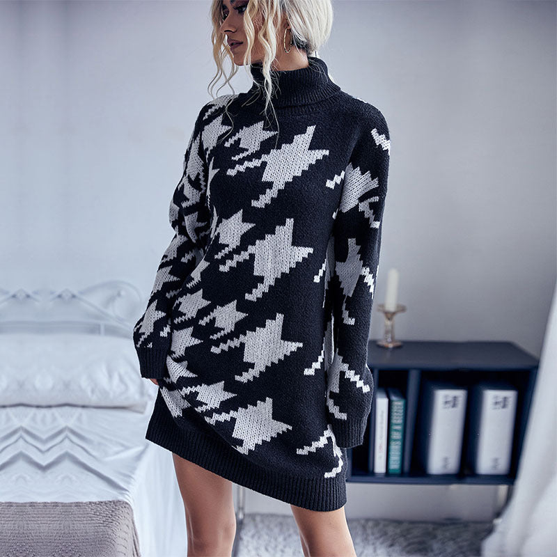 Ladies' knit mini dress with houndstooth jacquard, roll neck and waist-accentuating belt look Chichicherry