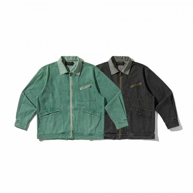 Unisex Boxy Overshirt Jacket made of washed denim with front zipper and multiple pockets Chichicherry