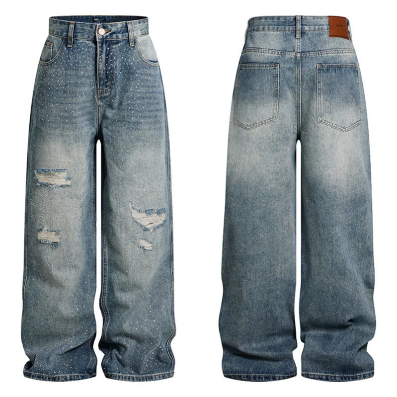 Ladies Wide High-Waist Denim Palazzo Jeans with Destroyed Details and Rhinestone Embellishment Chichicherry