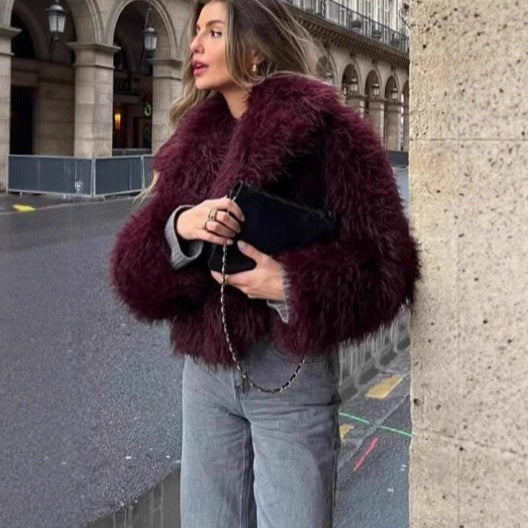 Womens cropped jacket in fluffy high-pile faux fur with deep shawl collar Chichicherry