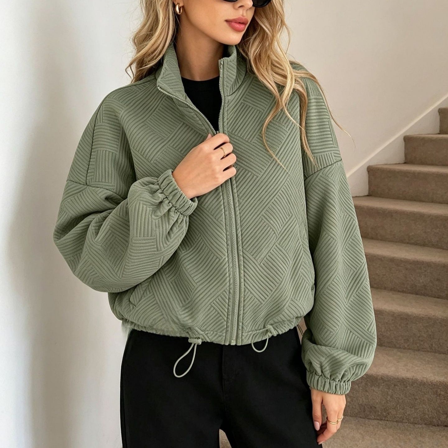 Women's Quilted Bomber Jacket with Geometric Structure, Stand-up Collar and Drawstring Hood