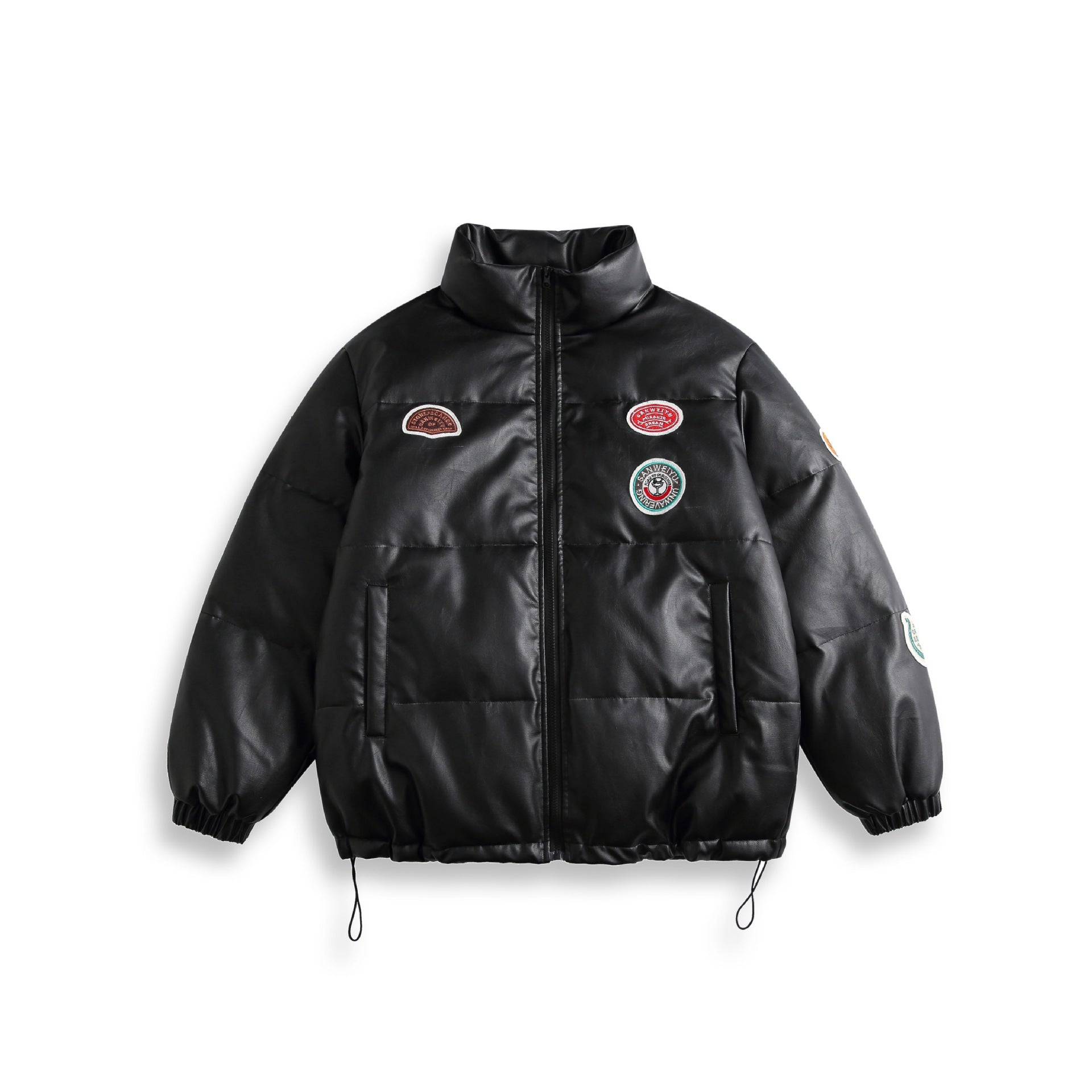 Unisex Short Cut Padded Faux Leather Puffer with High Standing Collar and Badge Details Chichicherry