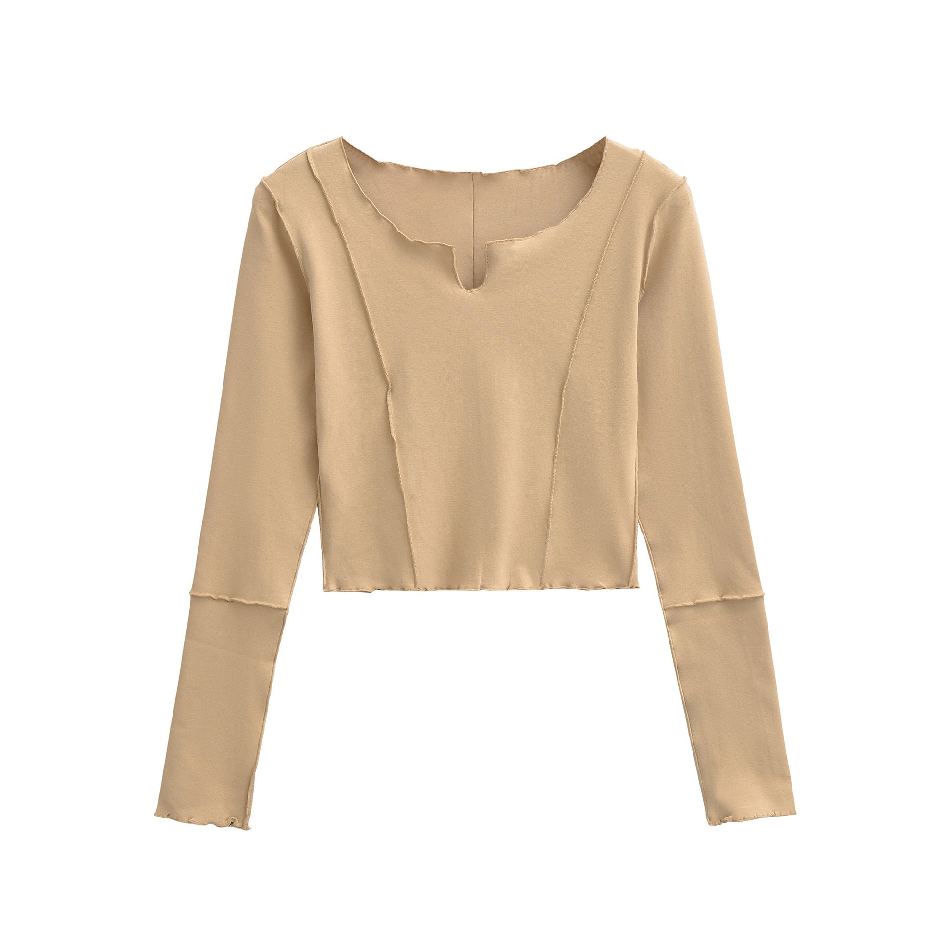 Women's Short Sleeve Long Sleeve Shirt with Visible Rolled Seams and Slit Collar Chichicherry