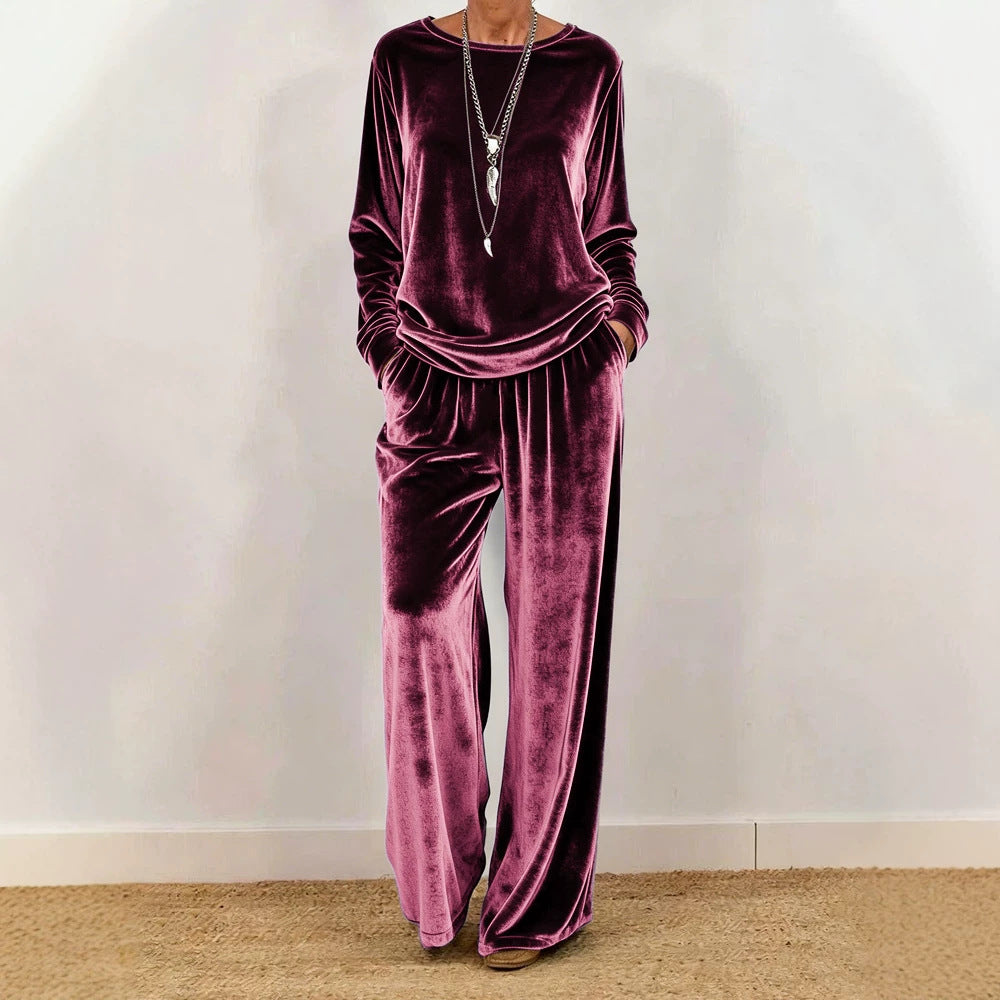 Women's Velvet Lounge Set with Wide Leg and Round Neckline Chichicherry