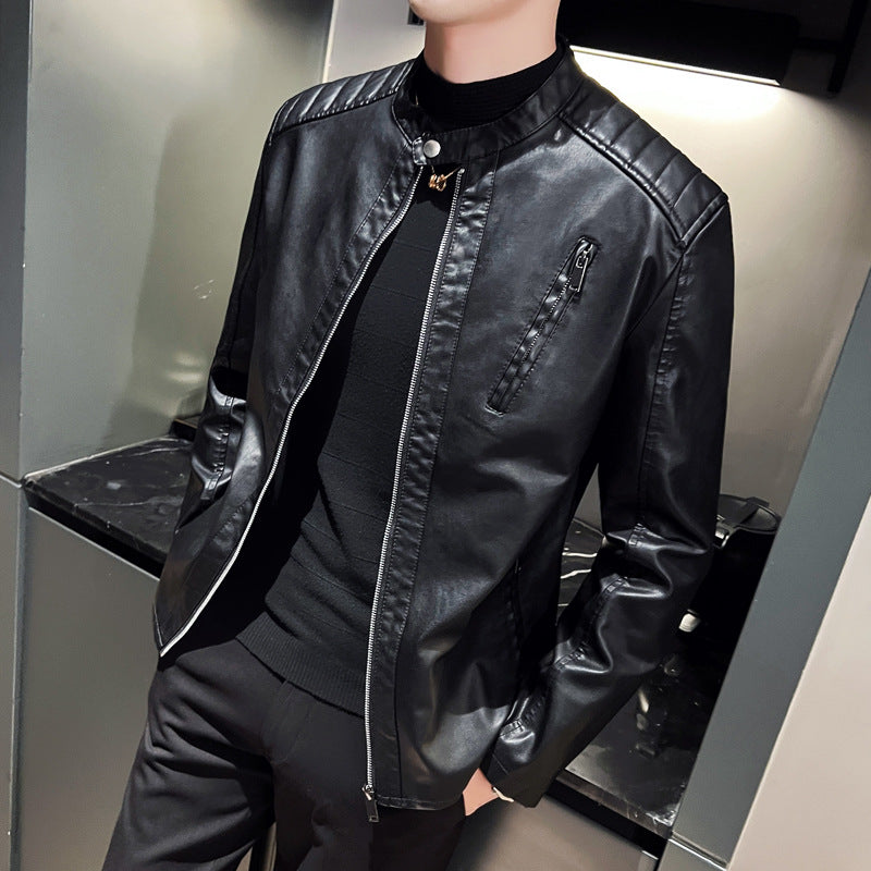 Men's Slim Faux Leather Biker Jacket with Stand-up Collar, Quilted Inserts and Zipper Pockets Chichicherry