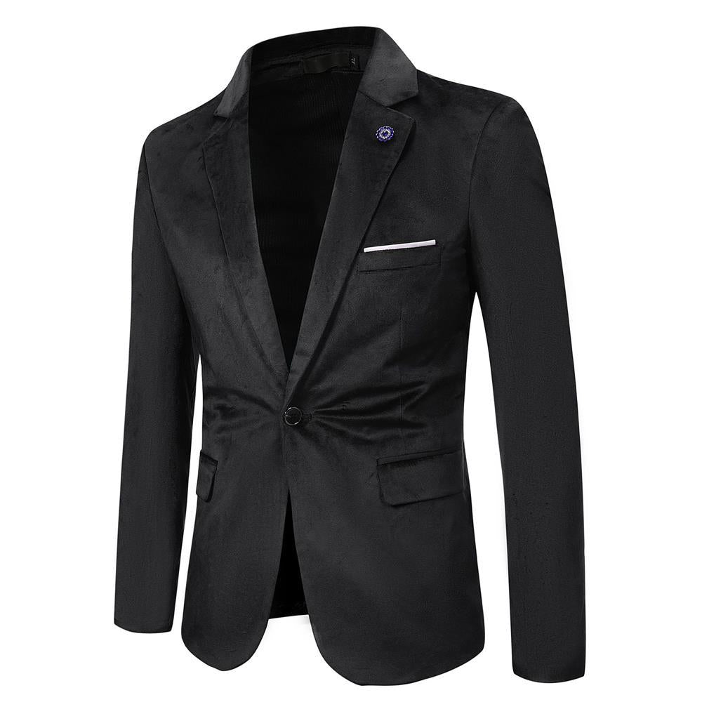 Men's Tailored Velvet Blazer with One Button, Lapel Collar and Flap Pockets Chichicherry