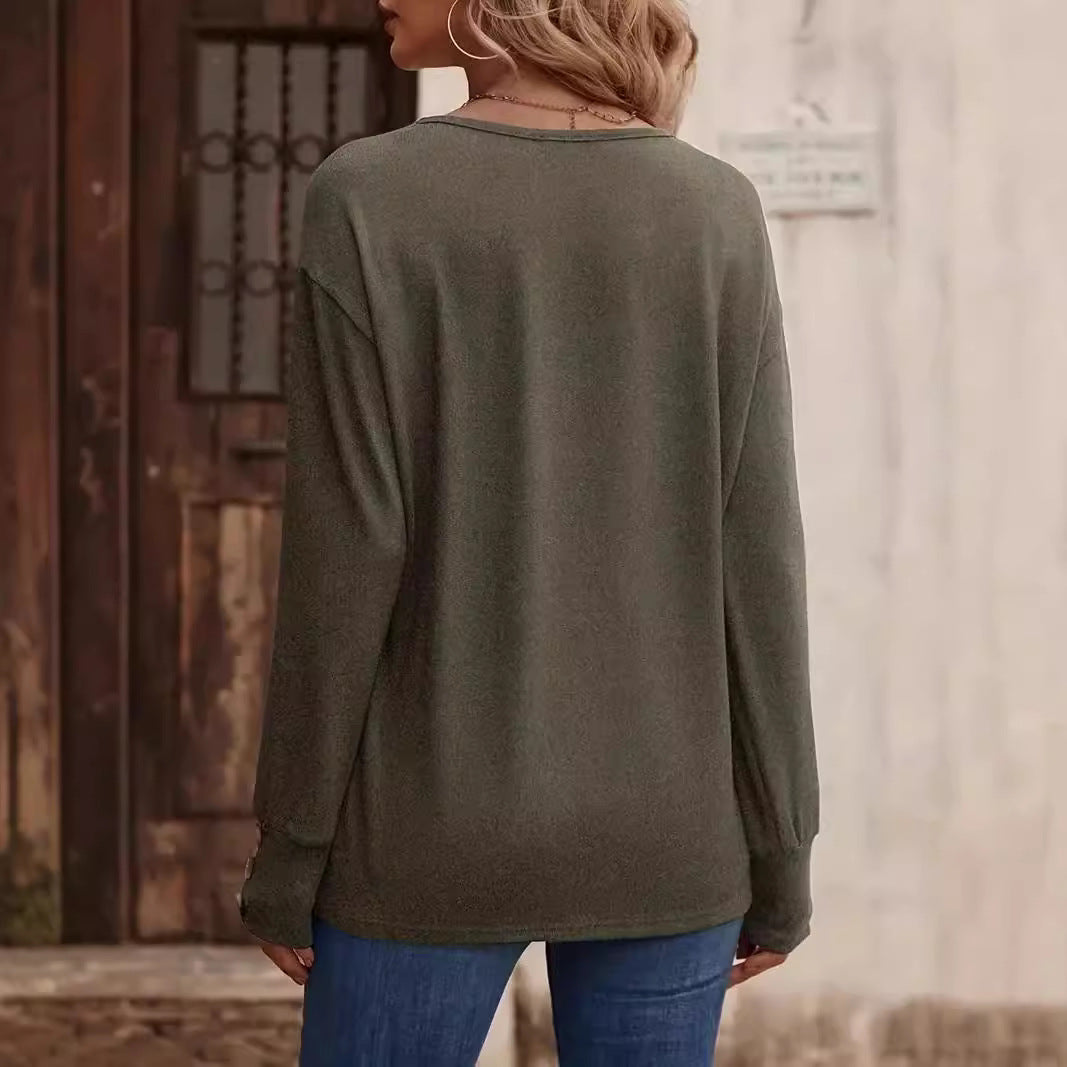 Women's Oversized V-Neck Fine Knit Sweater with Off-Shoulder Silhouette and Decorative Buttons Chichicherry