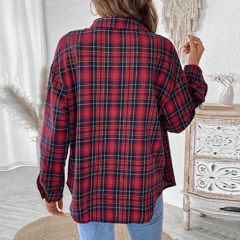 Women's Oversized Check Shirt Blouse made of soft flannel with chest pocket and extended back part Chichicherry