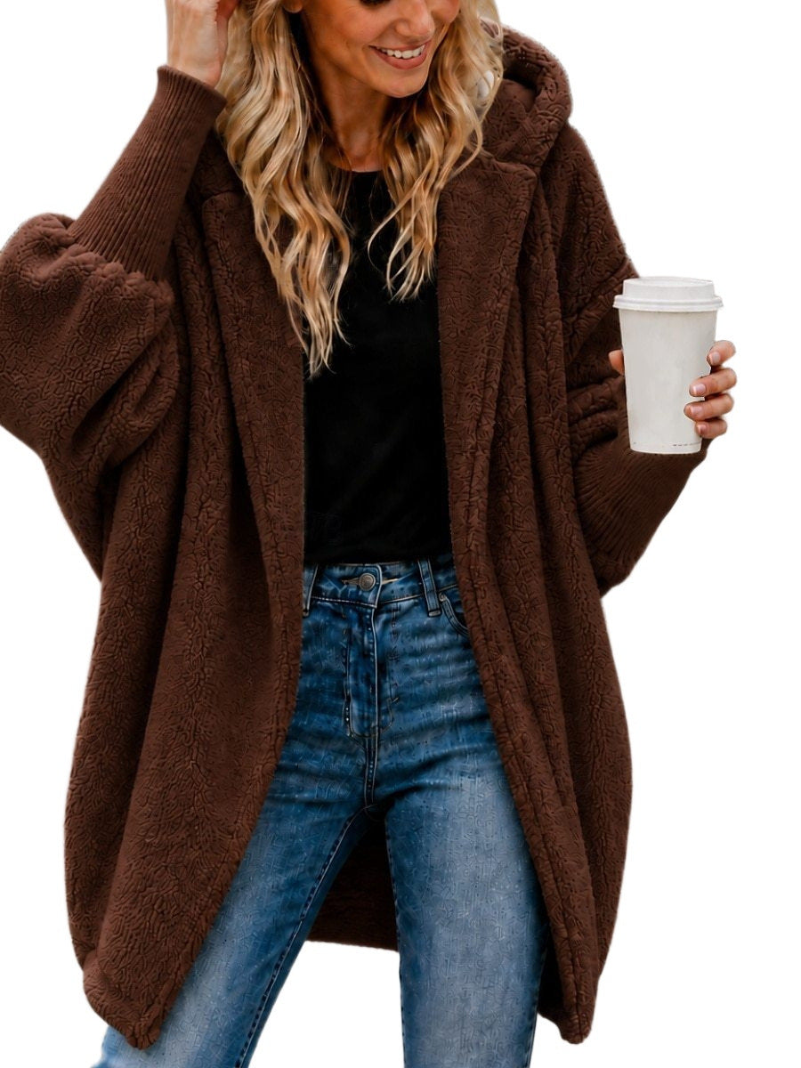 Women Oversized Sherpa Hooded Coat with Open Hem and Ribbed Cuffs Chichicherry
