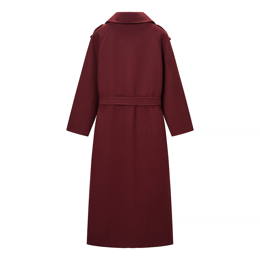 Women Maxilength Wool Blend Trench Coat with Shoulder Yoke, Tie Belt and Roll-Up Sleeves Chichicherry