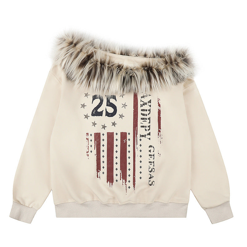 Women's hooded sweatshirt with removable faux fur collar and vintage print Chichicherry