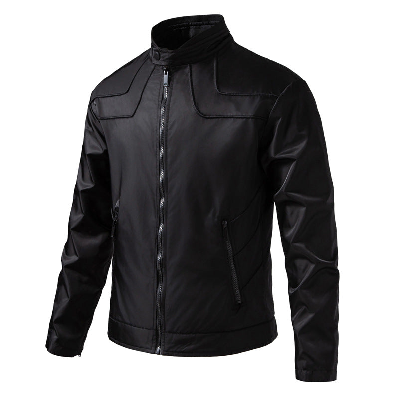 Men's slim water-repellent faux leather transitional jacket with stand-up collar Chichicherry