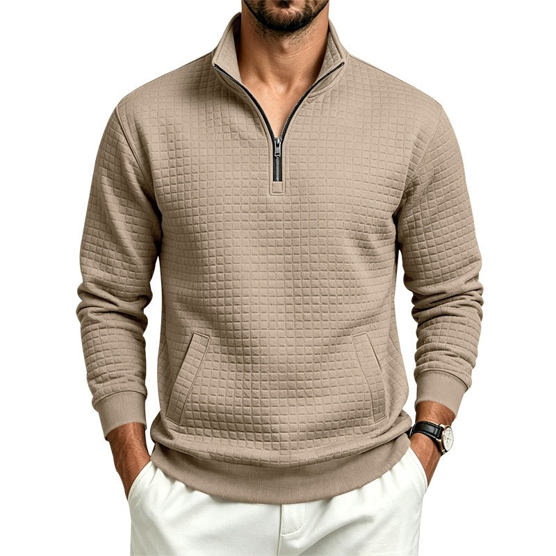 Men's Stand Collar Sweatshirt with Half Zip and Quilted Waffle Texture Chichicherry