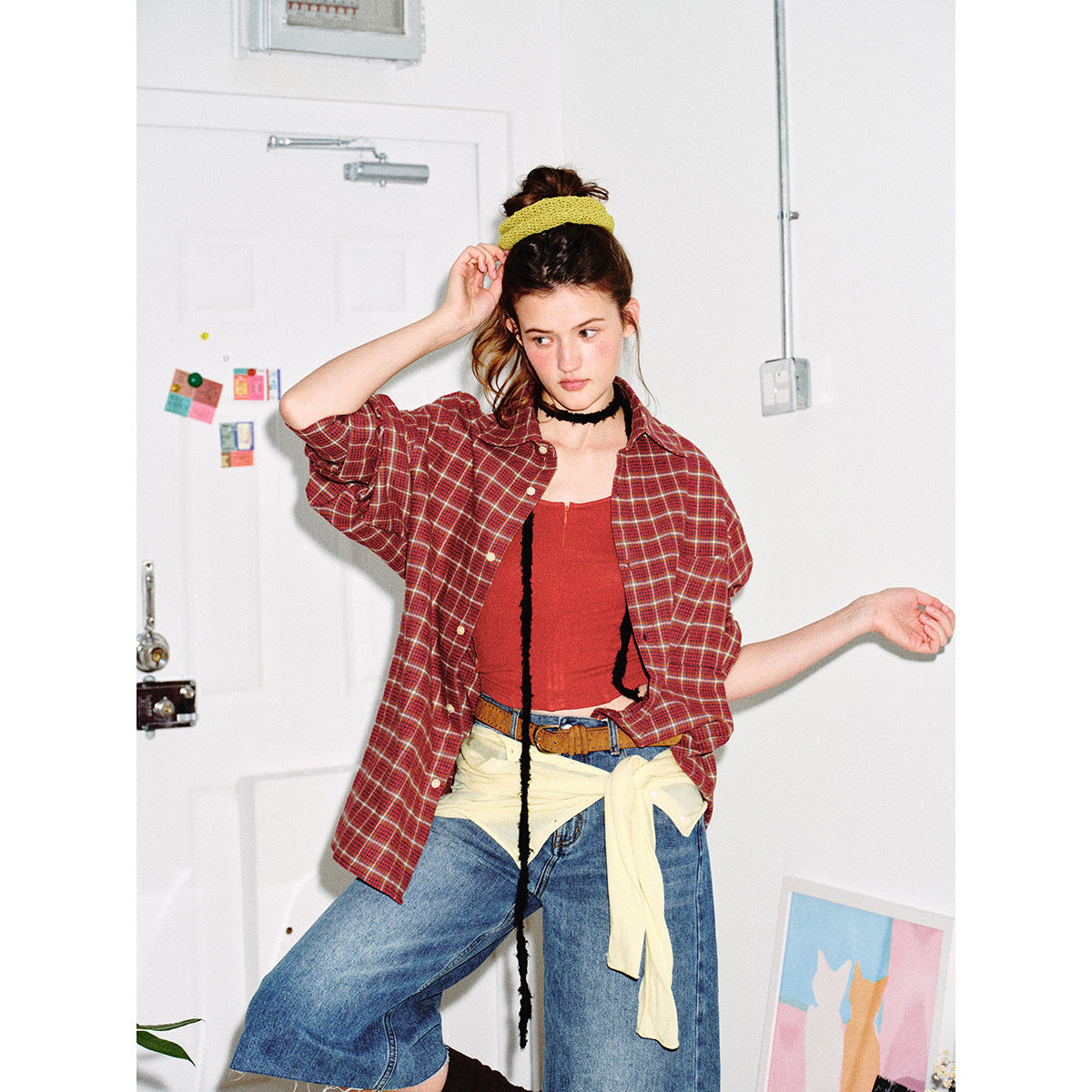 Men's Checked Flannel Shirt Jacket in Oversized Boxy Cut with Chest Pocket Chichicherry