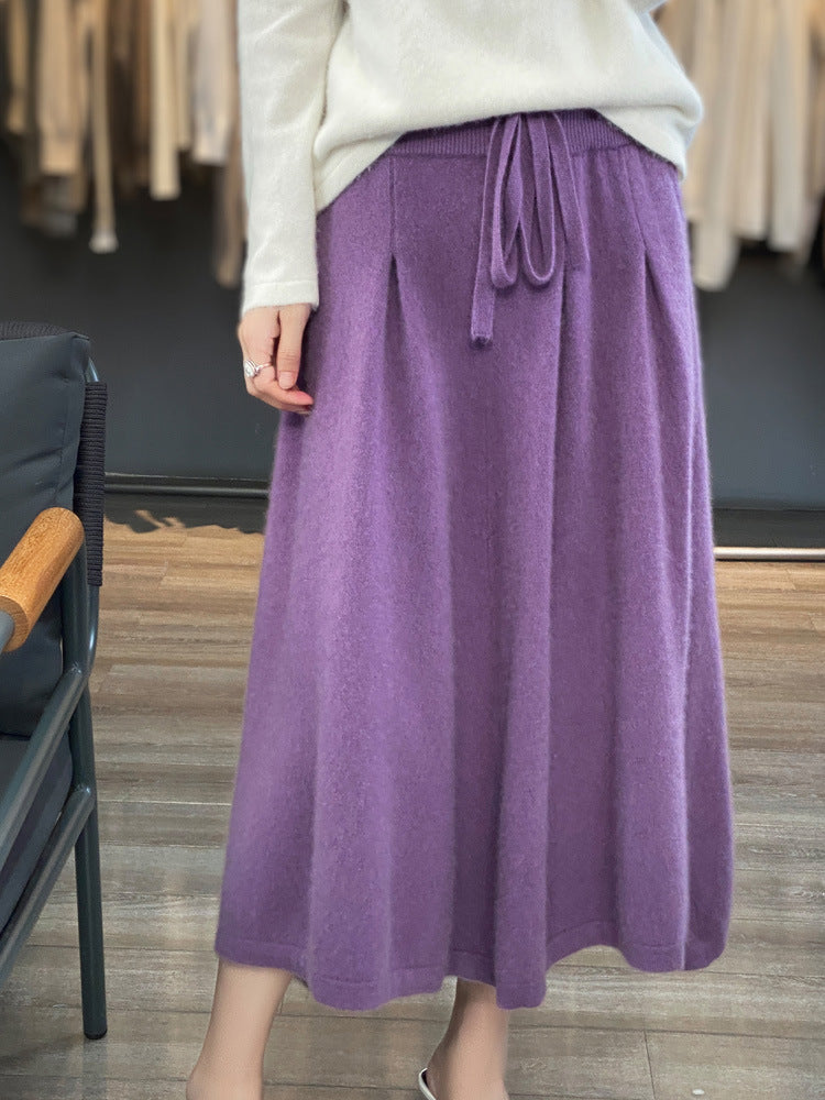 Women Midi-Length Cashmere-Effect Knit Skirt with Pleats and Drawstring Chicicherry