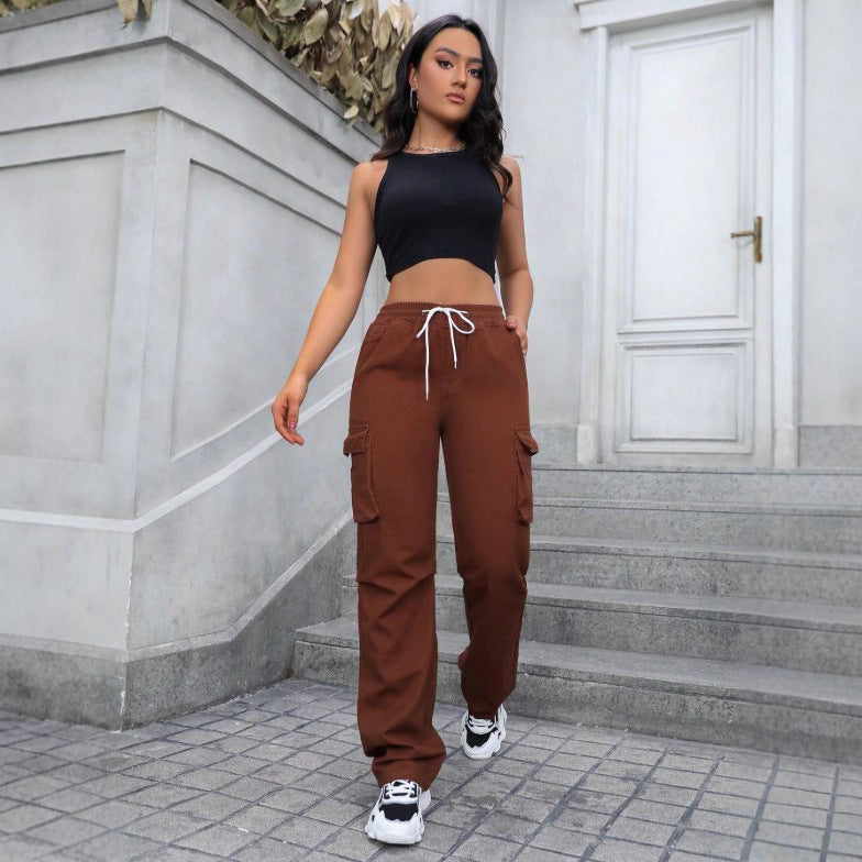 Women's high-waist cargo joggers with wide leg and drawstring Chichicherry