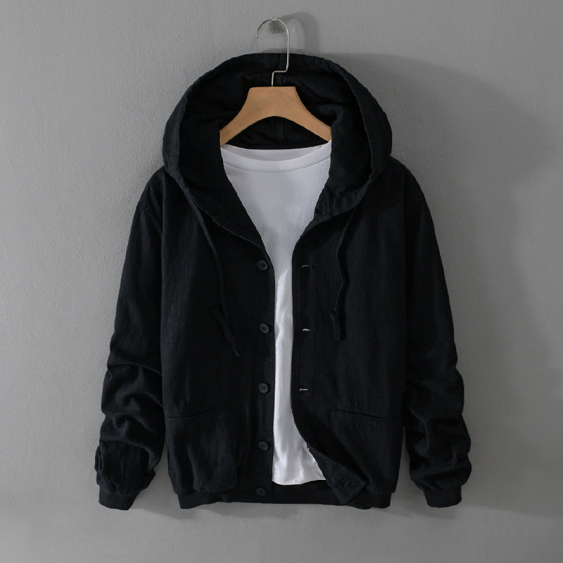 Men's Lightweight Linen Hoodie Jacket with Button Placket and Drawstring Chichicherry