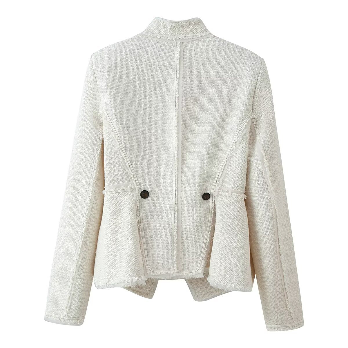 Women Boucle Blazer with Stand Collar, Asymmetrical Closure and Fringed Hem Chichicherry