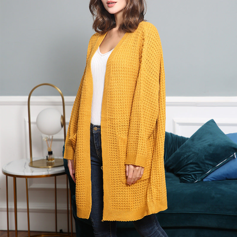 Women Long Oversize Knit Coat with Open Front and Patch Pockets Chichicherry