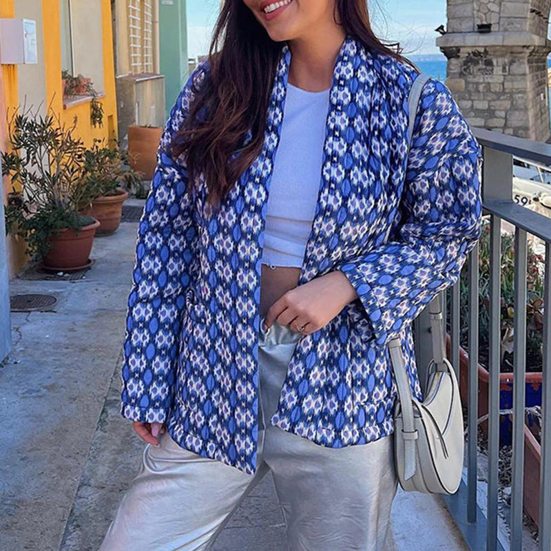 Women's Patterned Kimono Quilted Jacket with Open Front and Patch Pockets Chichicherry