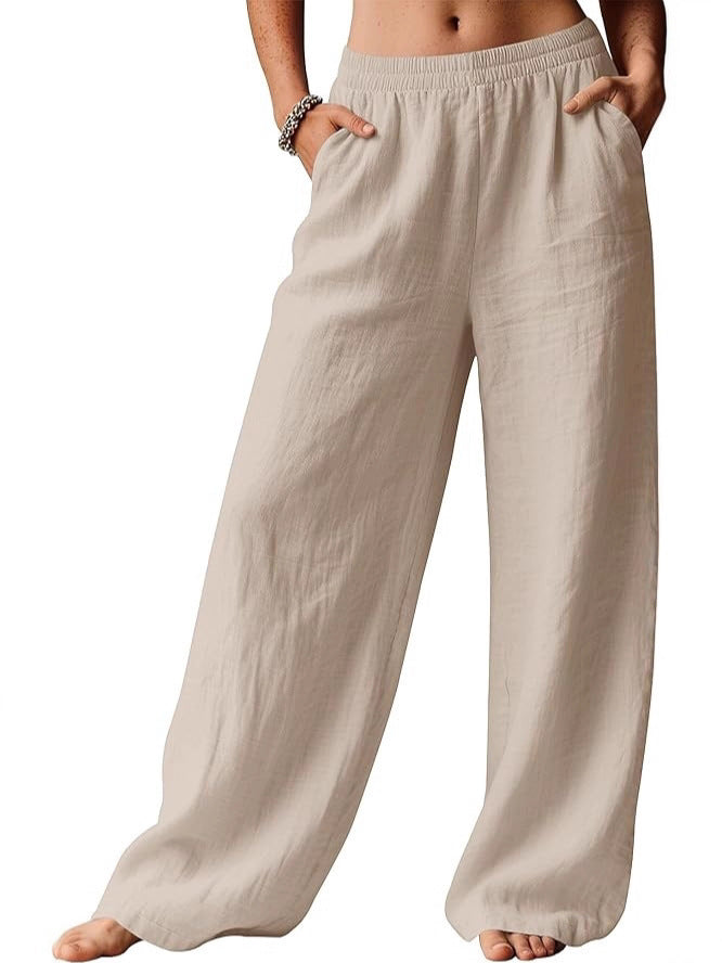 Women's wide linen pants with elastic waistband and side pockets Chichicherry