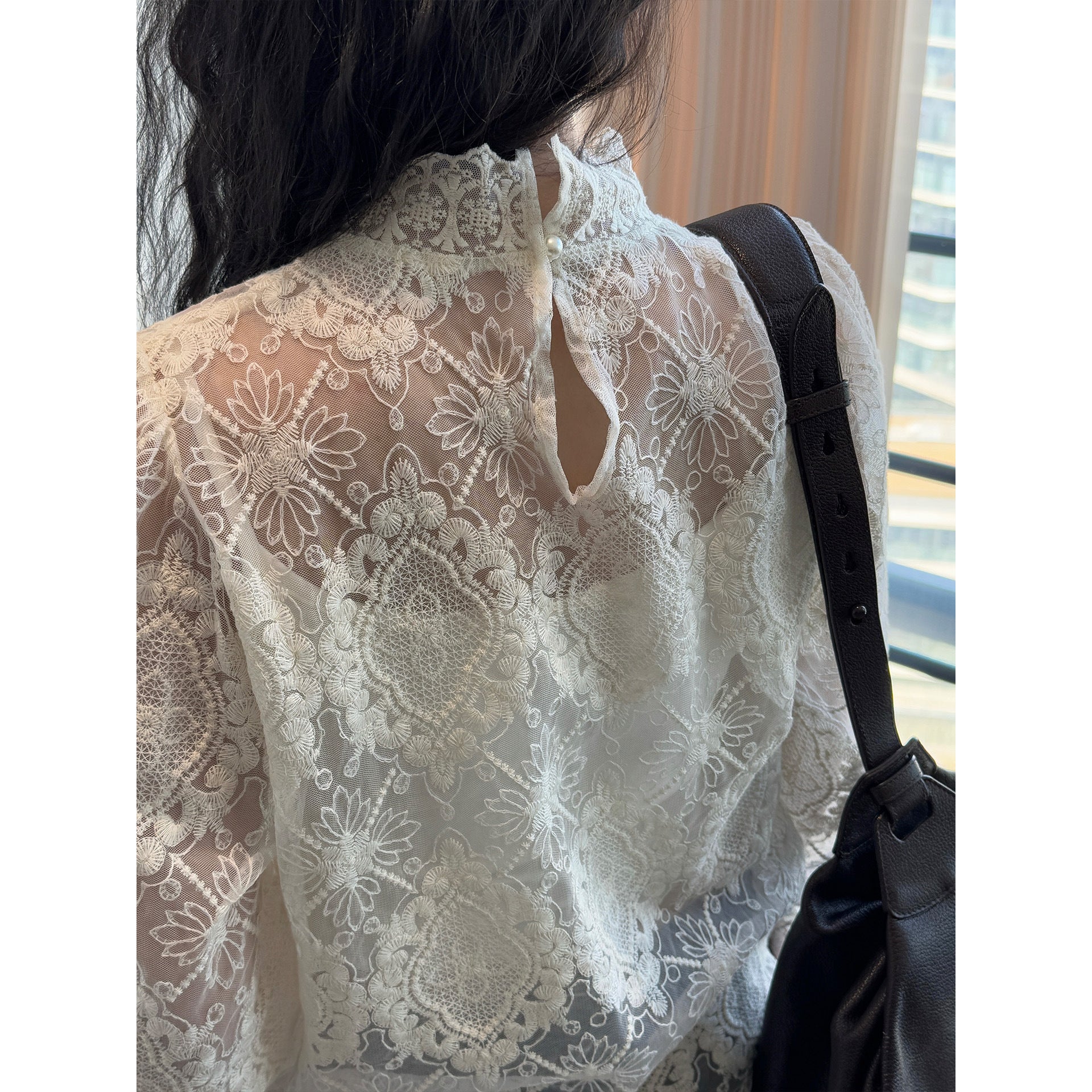 Women's Transparent Lace Blouse with Stand Collar and Balloon Sleeves Chichicherry