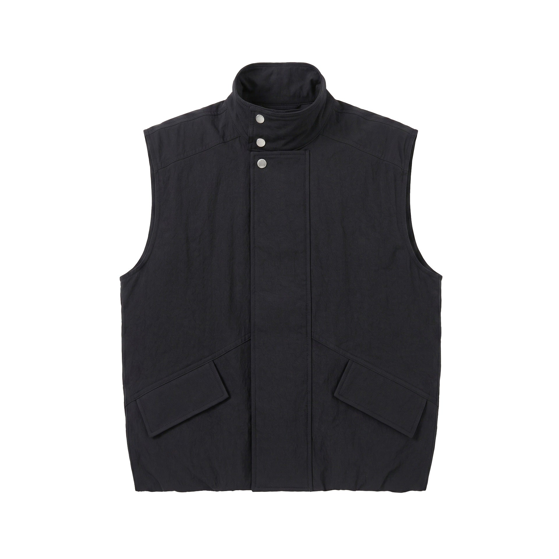 Men's utility vest with high stand-up collar, snap button placket and large patch pockets Chichicherry