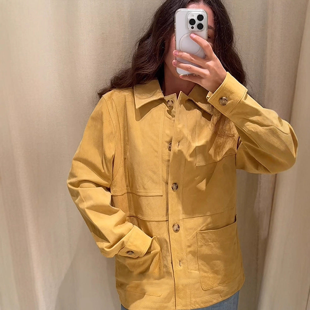 Women's Oversized Cotton Worker Jacket with Patch Pockets Chichicherry