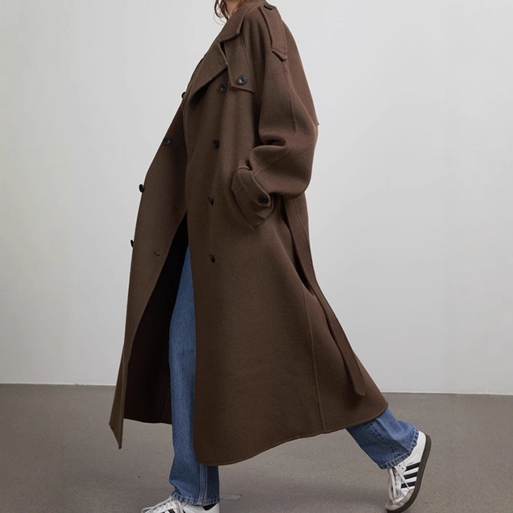 Women's Long Wool Blend Coat with Wide Lapels, Epaulettes and Adjustable Sleeve Straps Chichicherry