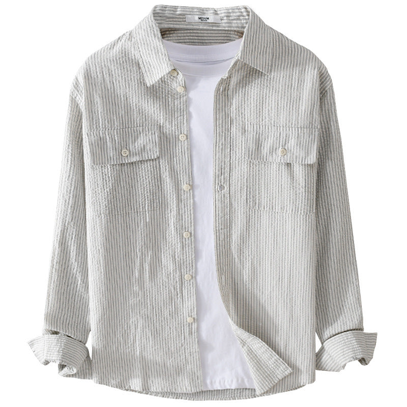 Men's Lightweight Overshirt in Pinstripe Look made of Linen-Cotton Blend with Patch Chest Pockets Chichicherry