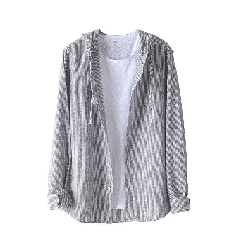 Men's Lightweight Hoodie Shirt made of Linen-Cotton Blend with Fine Stripe Structure Chichicherry