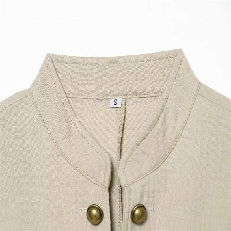 Women Boxy Linen Blazer with Stand Collar, Decorative Button Placket and Patch Pockets Chichicherry