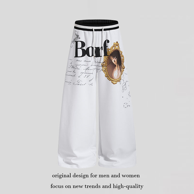 Ladies Extra Wide Palazzo Lounge Pants with Elastic Comfort Waistband, Drawstring and Large Vintage Motif Chichicherry