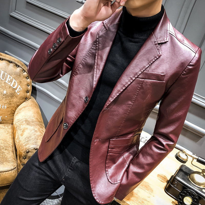Men's Faux Leather Blazer in Slim Fit with Chest Pocket and Patch Pockets Chichicherry